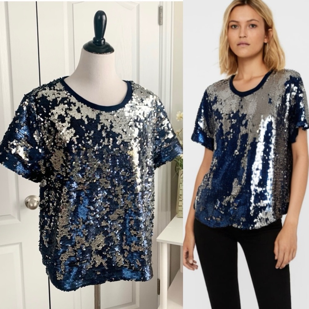 Two by Vince Camuto Navy and Silver Sequin Top
